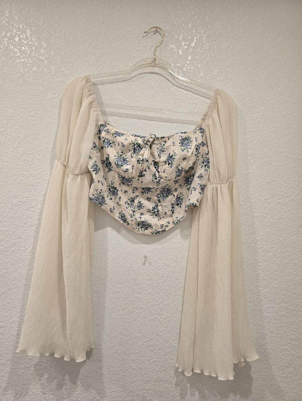 Cider floral corset crop top with sheer flared sleeves  S Cream Blue - Picture 2 of 6